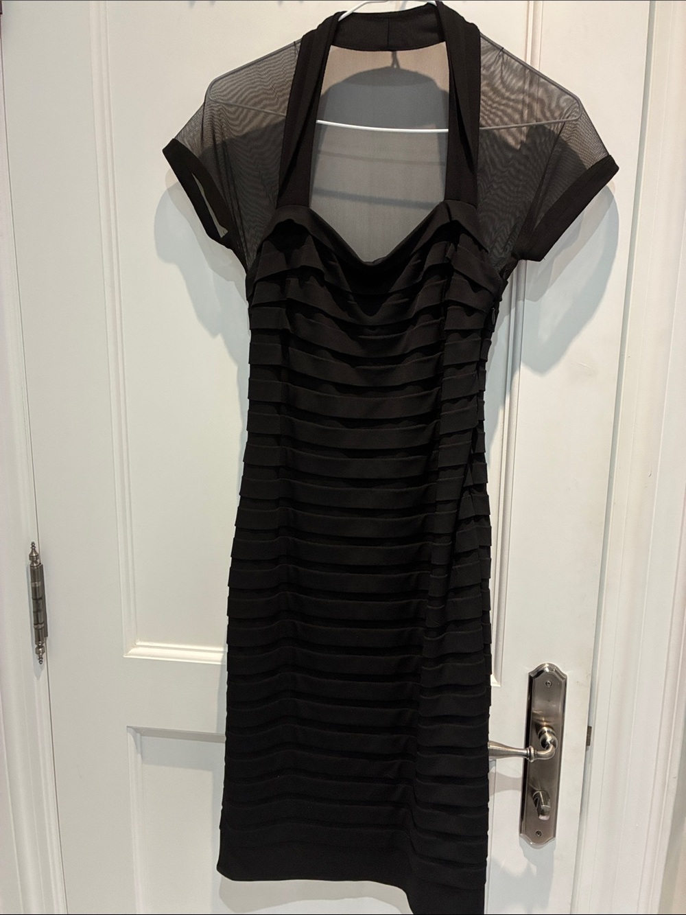 Maggy London Black Banded Bodycon Cocktail Dress with Sheer Mesh Top👵MT